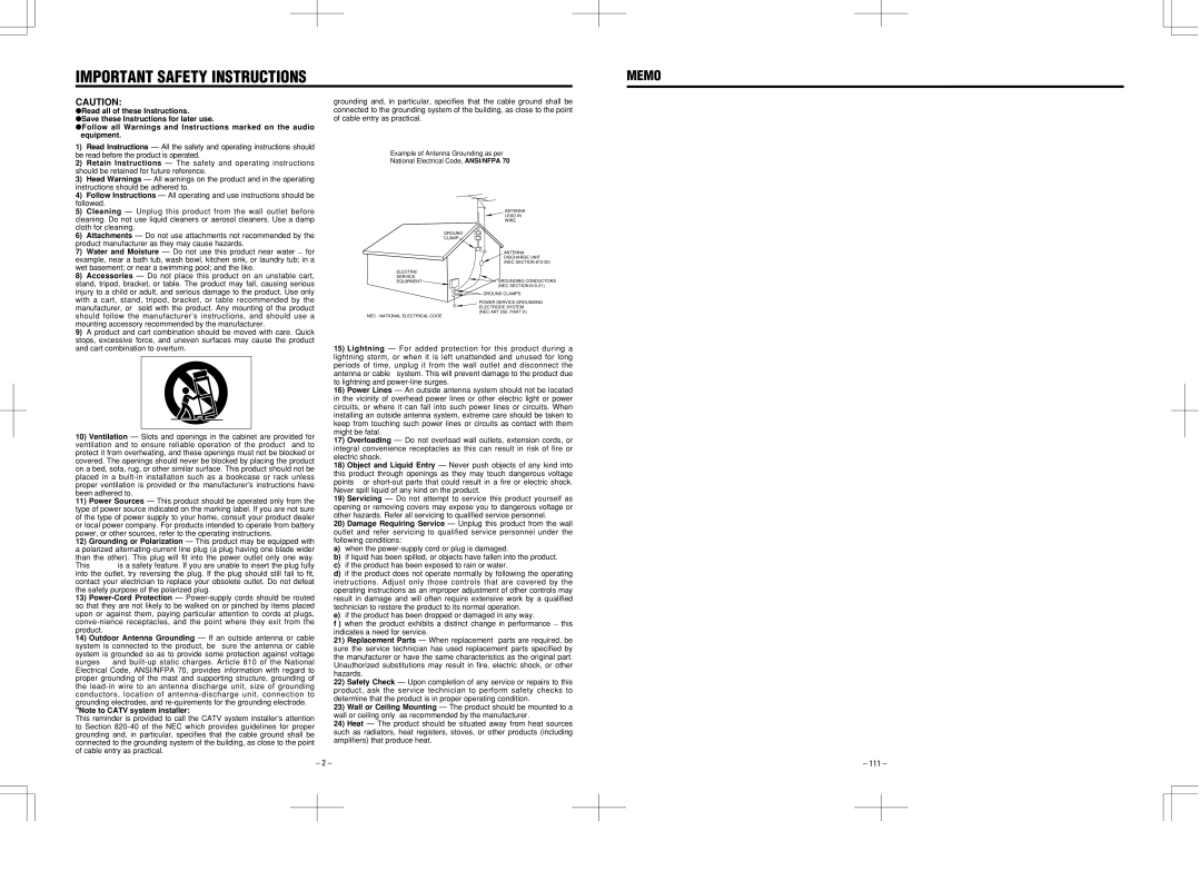 Tascam MD-350 user service Important Safety Instructions, 111 