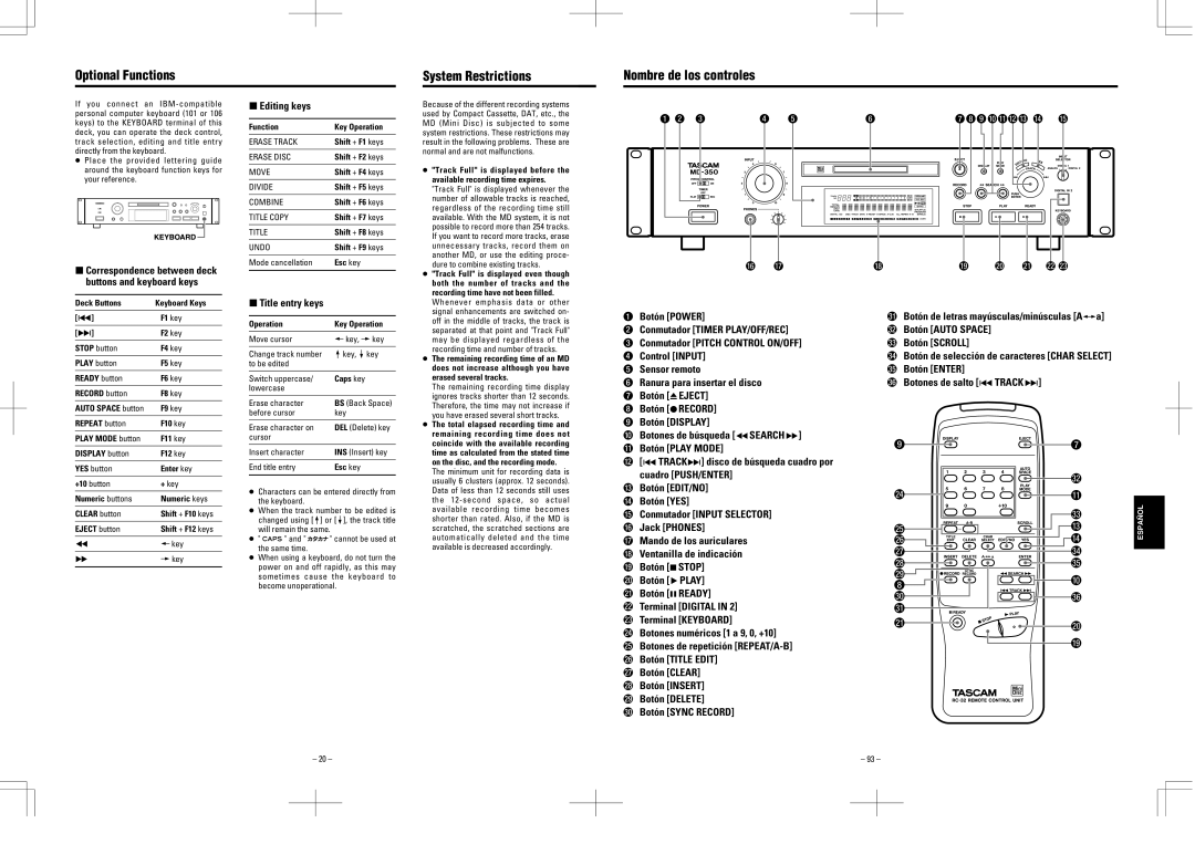 Tascam MD-350 user service ªEditing keys, Title entry keys, Botón Power, Botón YES Conmutador Input Selector, Jack Phones 