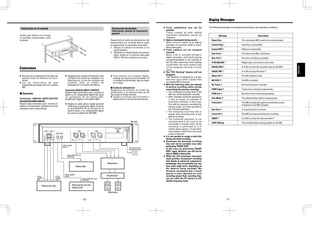 Tascam MD-350 user service Display Messages, Conexiones, Instalación en el estante, Conversión de tensión, Conexión 