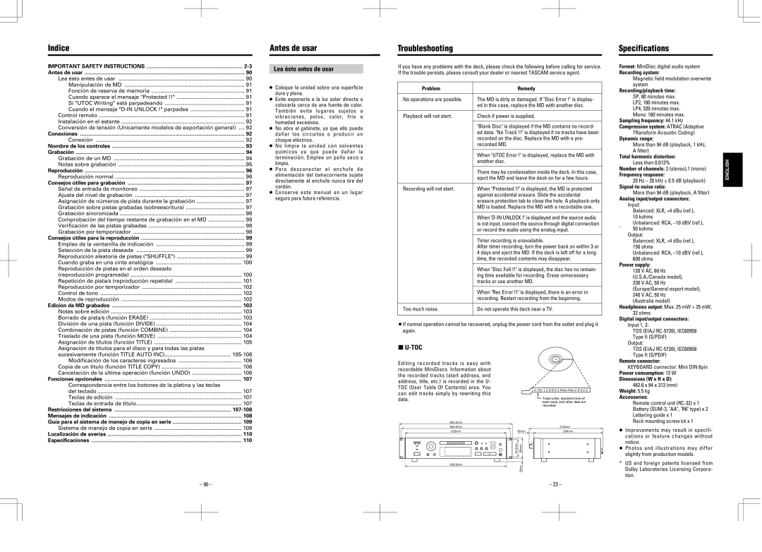 Tascam MD-350 user service Indice, Antes de usar, Troubleshooting, Specifications, Lea ésto antes de usar 