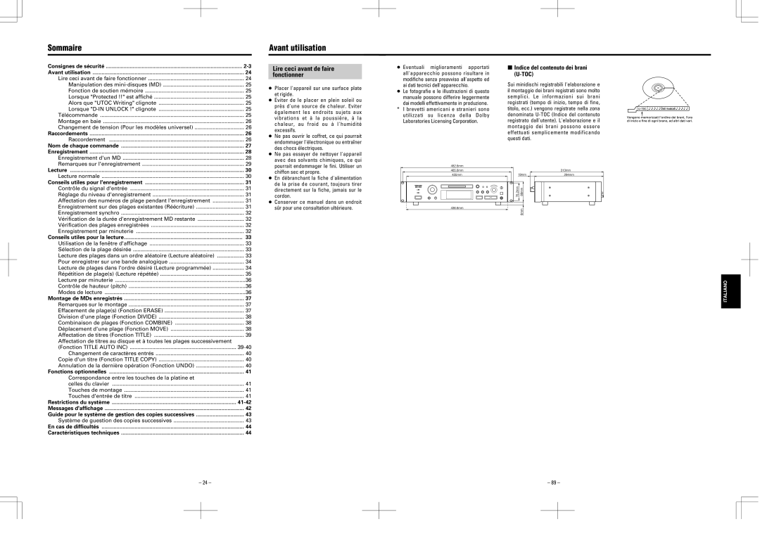 Tascam MD-350 Avant utilisation, Sommaire, Lire ceci avant de faire fonctionner, Indice del contenuto dei brani U-TOC 