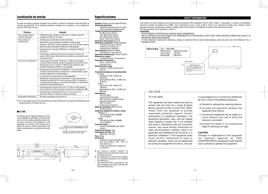 Tascam MD-350 user service Localización de averías, Especificaciones, Toc, … Caution 