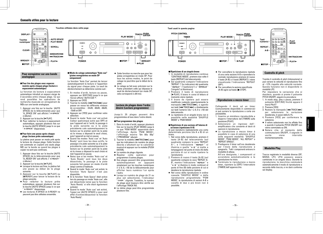 Tascam MD-350 Pour enregistrer sur une bande analogique, Riproduzione a mezzo timer, Controllo di pitch, Modalità Play 