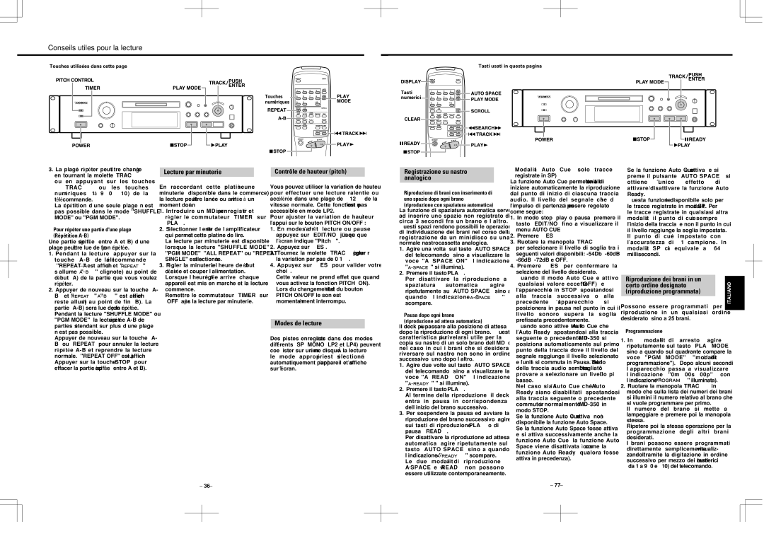 Tascam MD-350 Lecture par minuterie, Contrôle de hauteur pitch, Registrazione su nastro analogico, Modes de lecture 