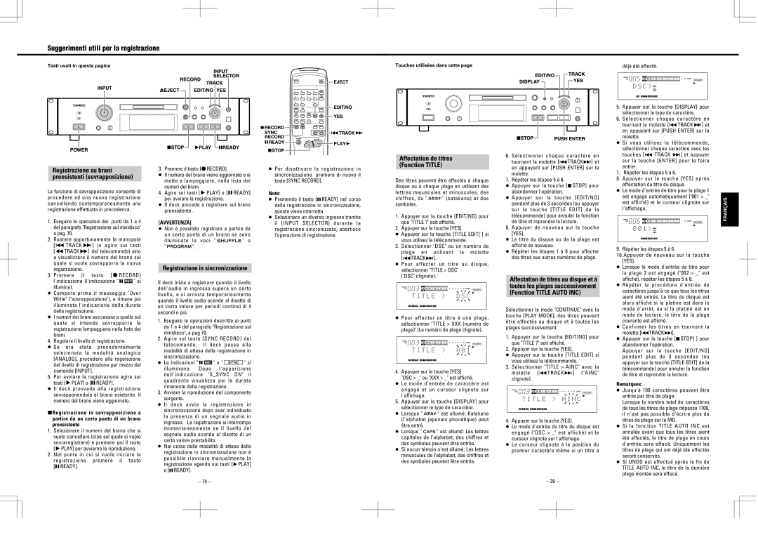 Tascam MD-350 Affectation de titres Fonction Title, Déjà été affecté, Registrazione su brani preesistenti sovrapposizione 