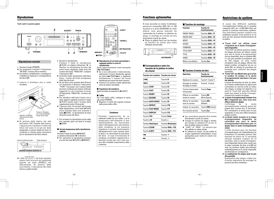 Tascam MD-350 Riproduzione Fonctions optionnelles Restrictions du système, Touches de montage, Riproduzione normale 