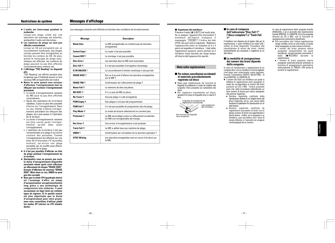 Tascam MD-350 user service Messages daffichage 