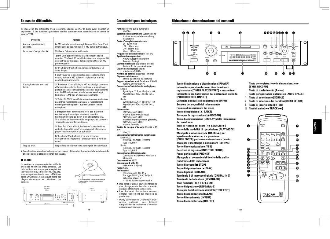 Tascam MD-350 user service En cas de difficultés, Ubicazione e denominazione dei comandi, Tasto di trasferimento Aß∑a 