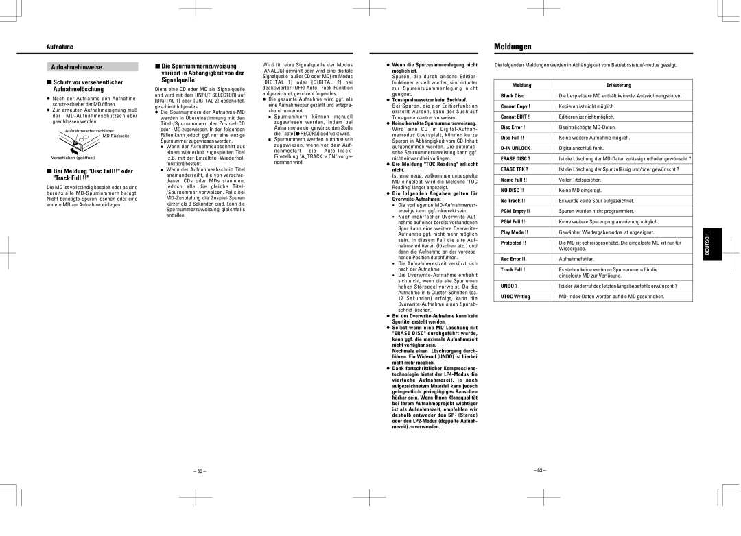 Tascam MD-350 user service Meldungen, Aufnahmehinweise, Bei Meldung Disc Full!! oder Track Full 