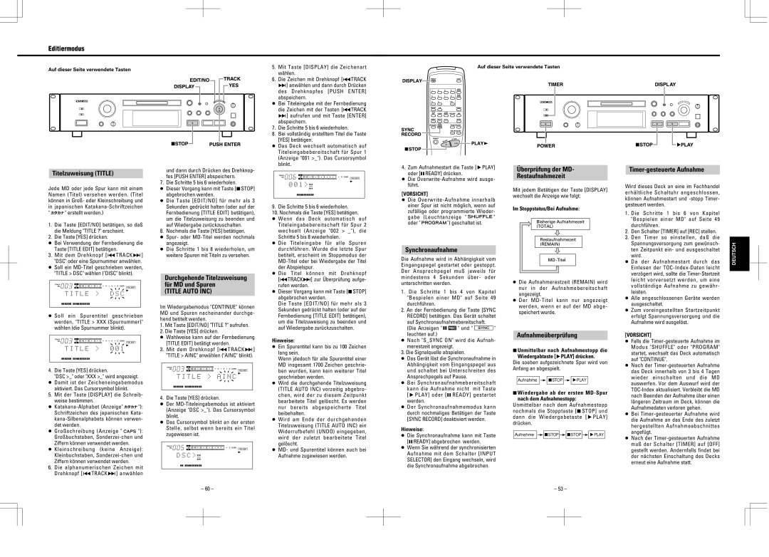 Tascam MD-350 Editiermodus, Titelzuweisung Title, Synchronaufnahme, Aufnahmeüberprüfung, Timer-gesteuerte Aufnahme 