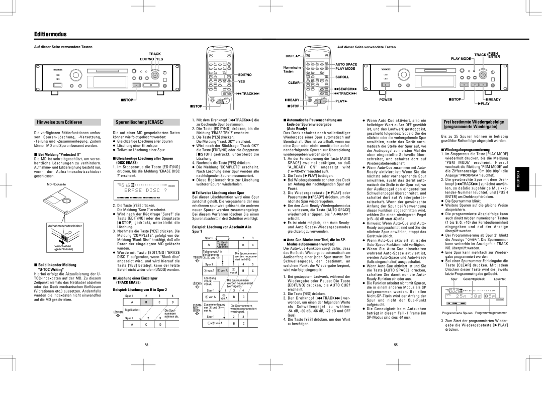 Tascam MD-350 user service Editiermodus, Hinweise zum Editieren, Spurenlöschung Erase, Disc Erase 