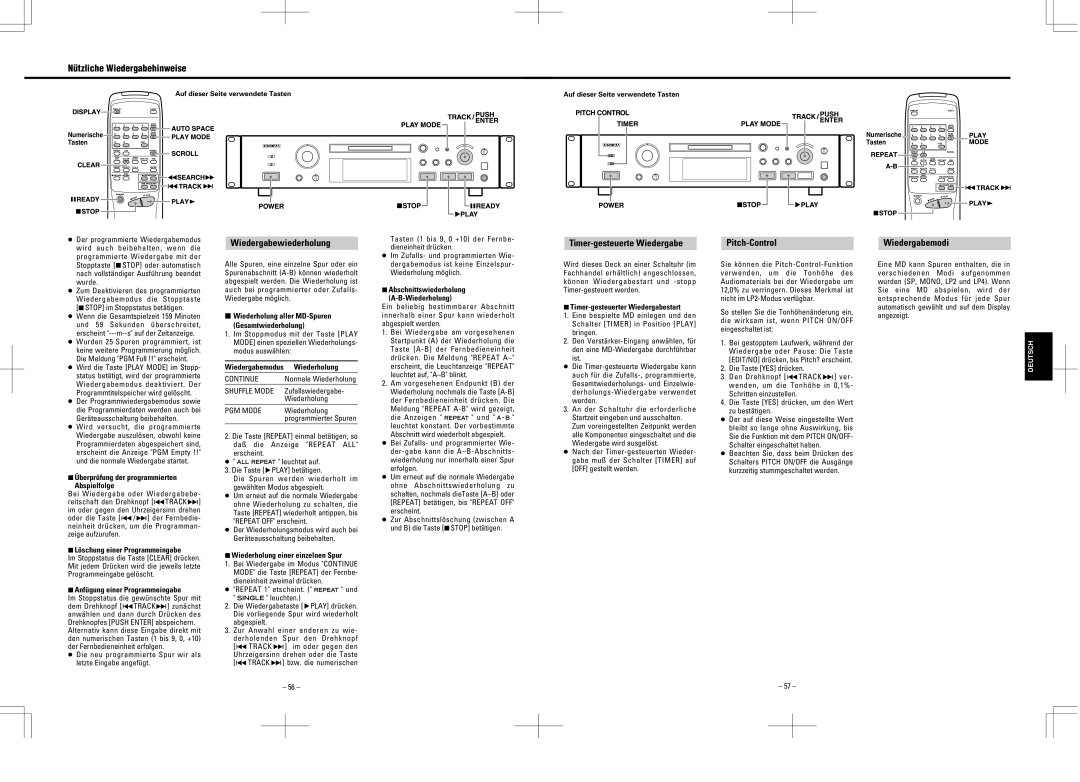 Tascam MD-350 user service Nützliche Wiedergabehinweise, Wiedergabewiederholung, Timer-gesteuerte Wiedergabe, Pitch-Control 