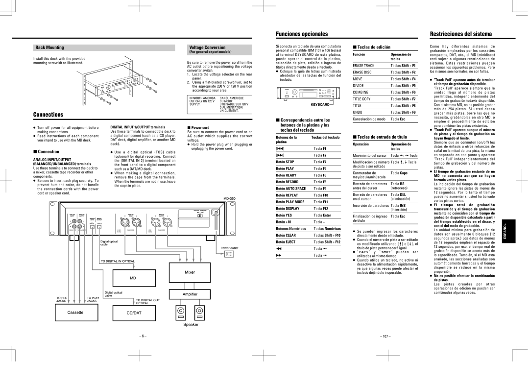 Tascam MD-350 user service Funciones opcionales Restricciones del sistema, Connections 