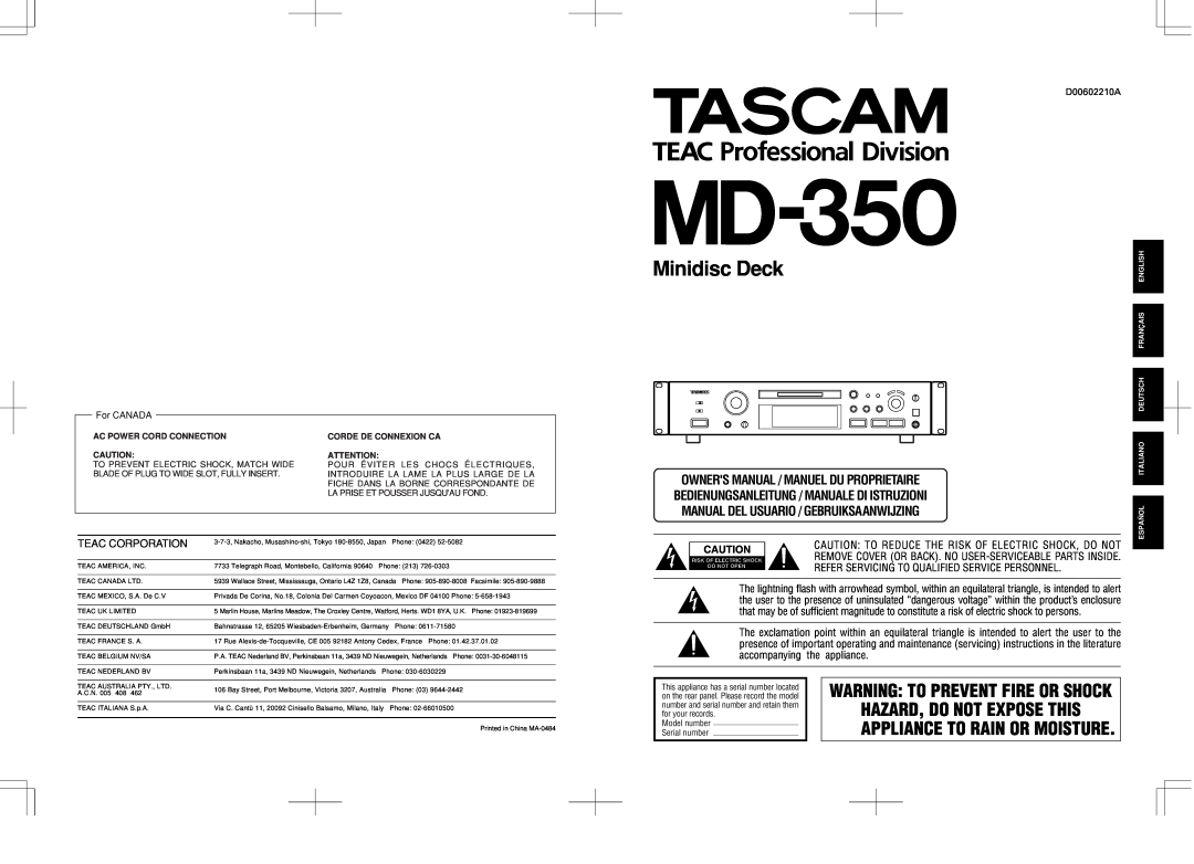 Tascam MD-350 user service Hazard, Do Not Expose This, Bedienungsanleitung / Manuale Di Istruzioni, Minidisc Deck 