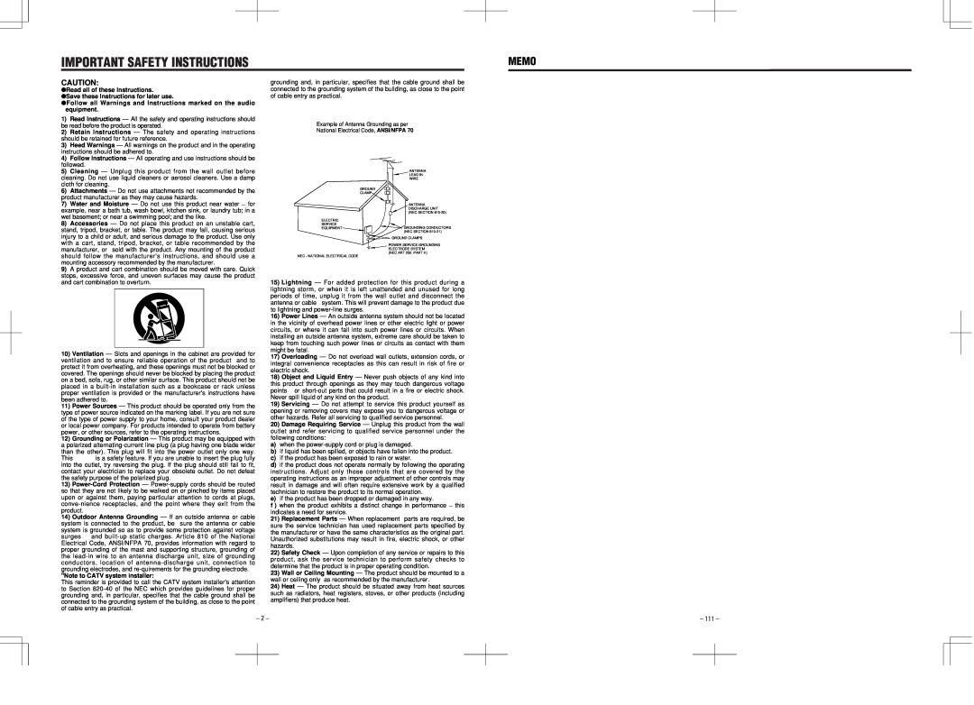 Tascam MD-350 Important Safety Instructions, Memo, Read all of these Instructions, Save these Instructions for later use 