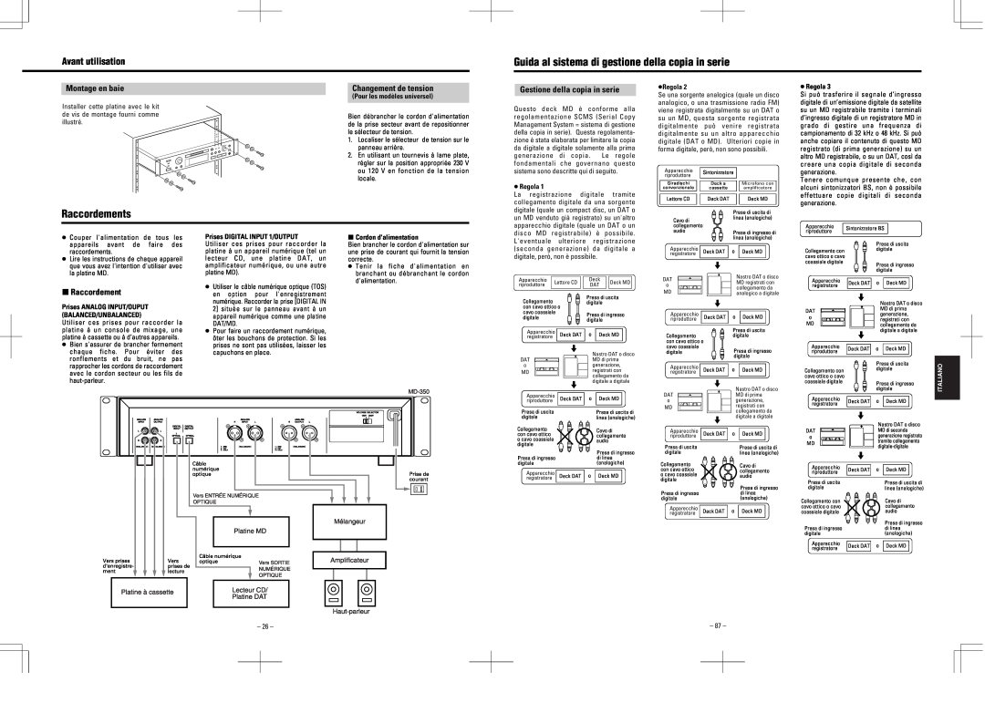 Tascam MD-350 Guida al sistema di gestione della copia in serie, Raccordements, Avant utilisation, Montage en baie 