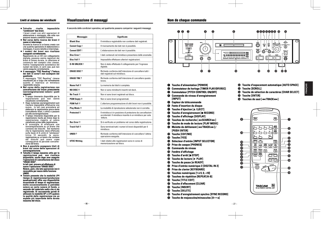 Tascam MD-350 Visualizzazione di messaggi, Nom de chaque commande, Limiti al sistema dei minidischi, l Touche DELETE 