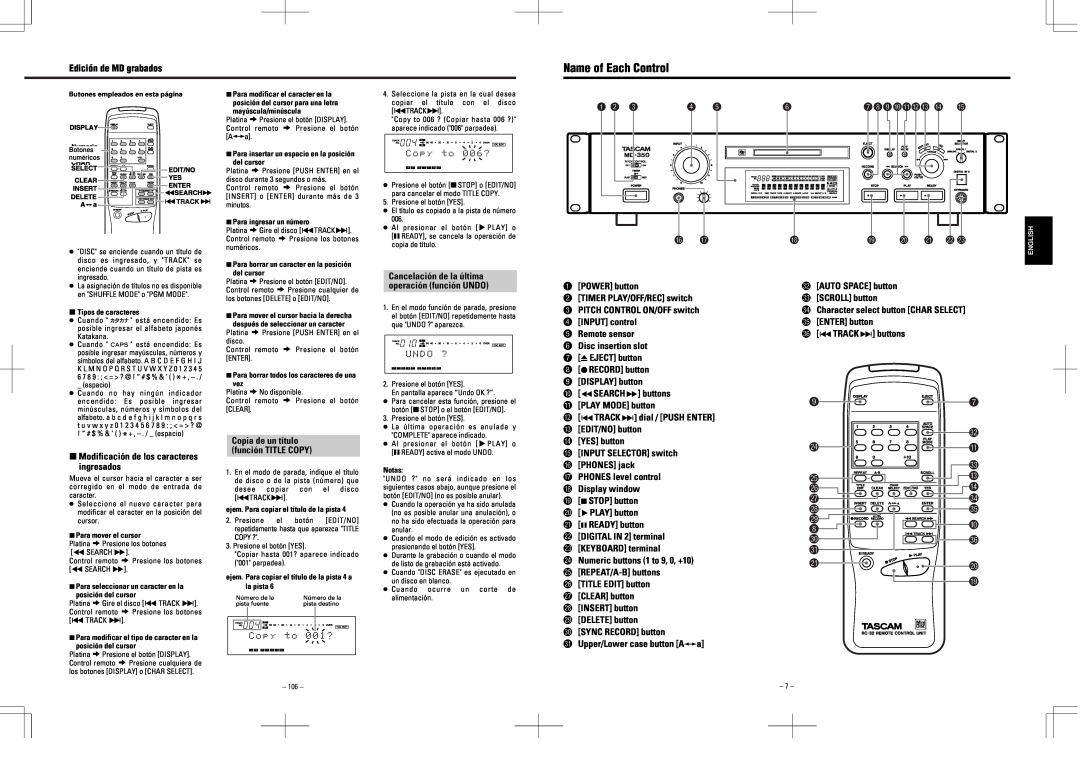 Tascam MD-350 Name of Each Control, Edición de MD grabados, ªModificación de los caracteres ingresados, r YES button 