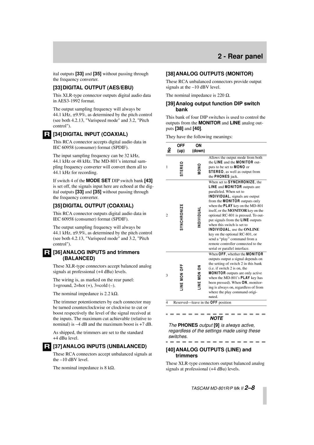 Tascam MD-801R/P Mk II, MD-801P Mk II Analog Inputs and trimmers Balanced, Analog output function DIP switch bank 