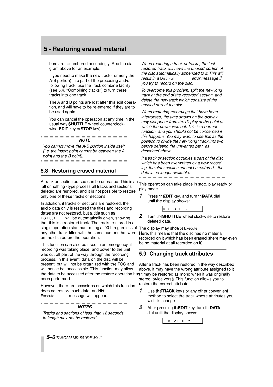 Tascam MD-801P Mk II, MD-801R/P Mk II owner manual Restoring erased material, Changing track attributes 