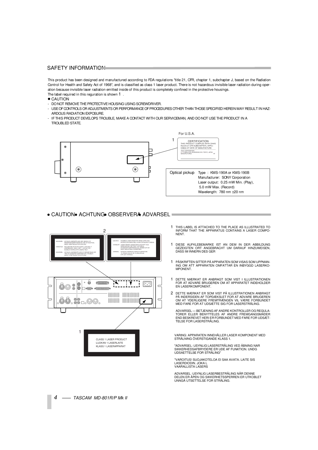 Tascam MD-801P Mk II, MD-801R/P Mk II owner manual Safety Information 
