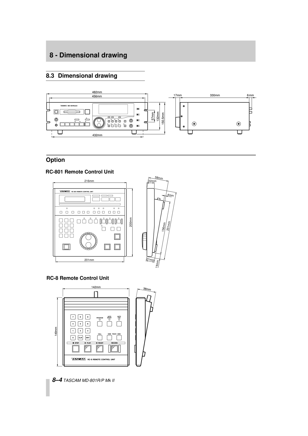 Tascam MD-801R/P Mk II, MD-801P Mk II Dimensional drawing Option, RC-801 Remote Control Unit, RC-8 Remote Control Unit 