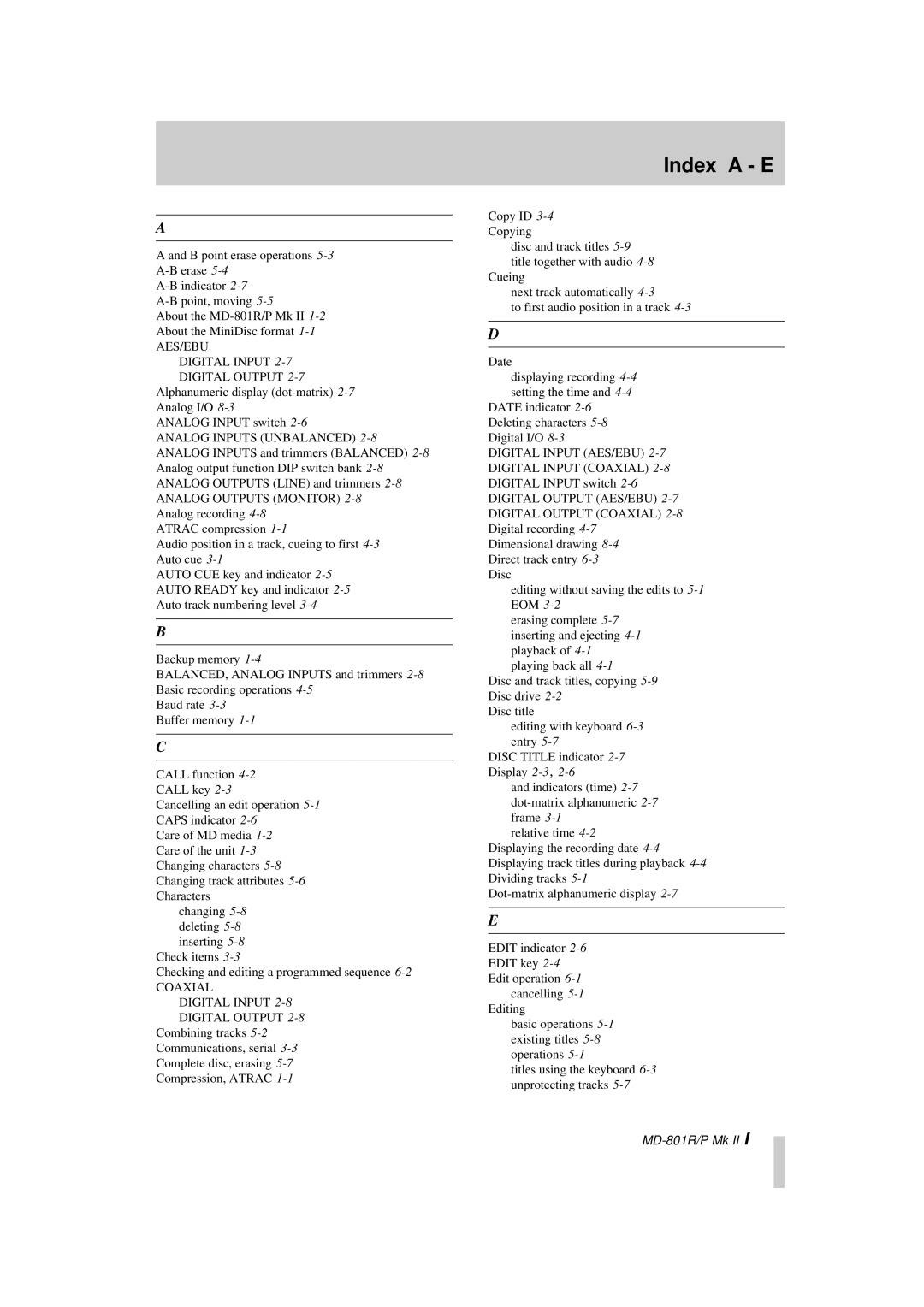 Tascam MD-801P Mk II, MD-801R/P Mk II owner manual Index a E, AES/EBU Digital Input 
