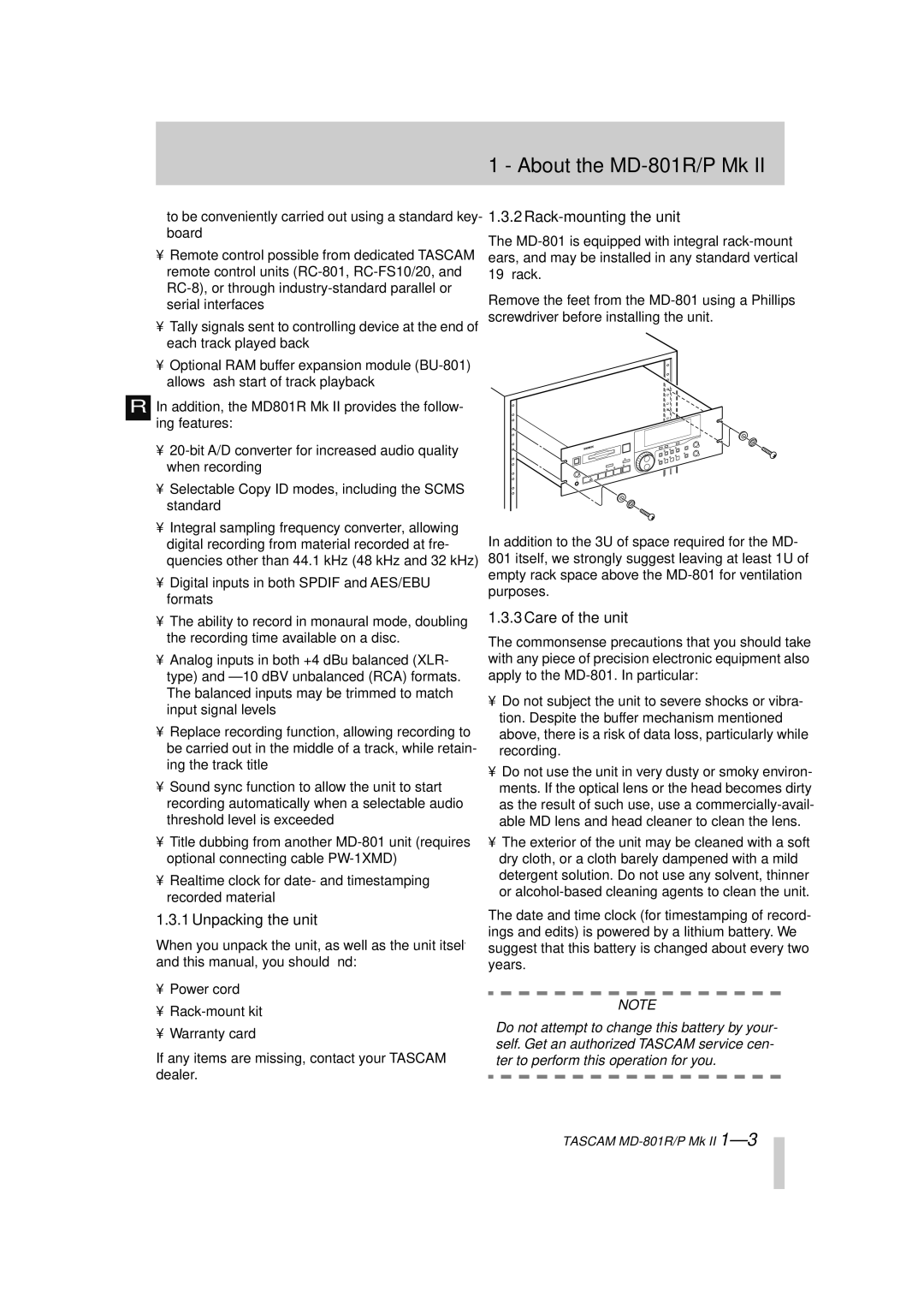 Tascam MD-801R/P Mk II, MD-801P Mk II About the MD-801R/P Mk, Unpacking the unit, Rack-mounting the unit, Care of the unit 