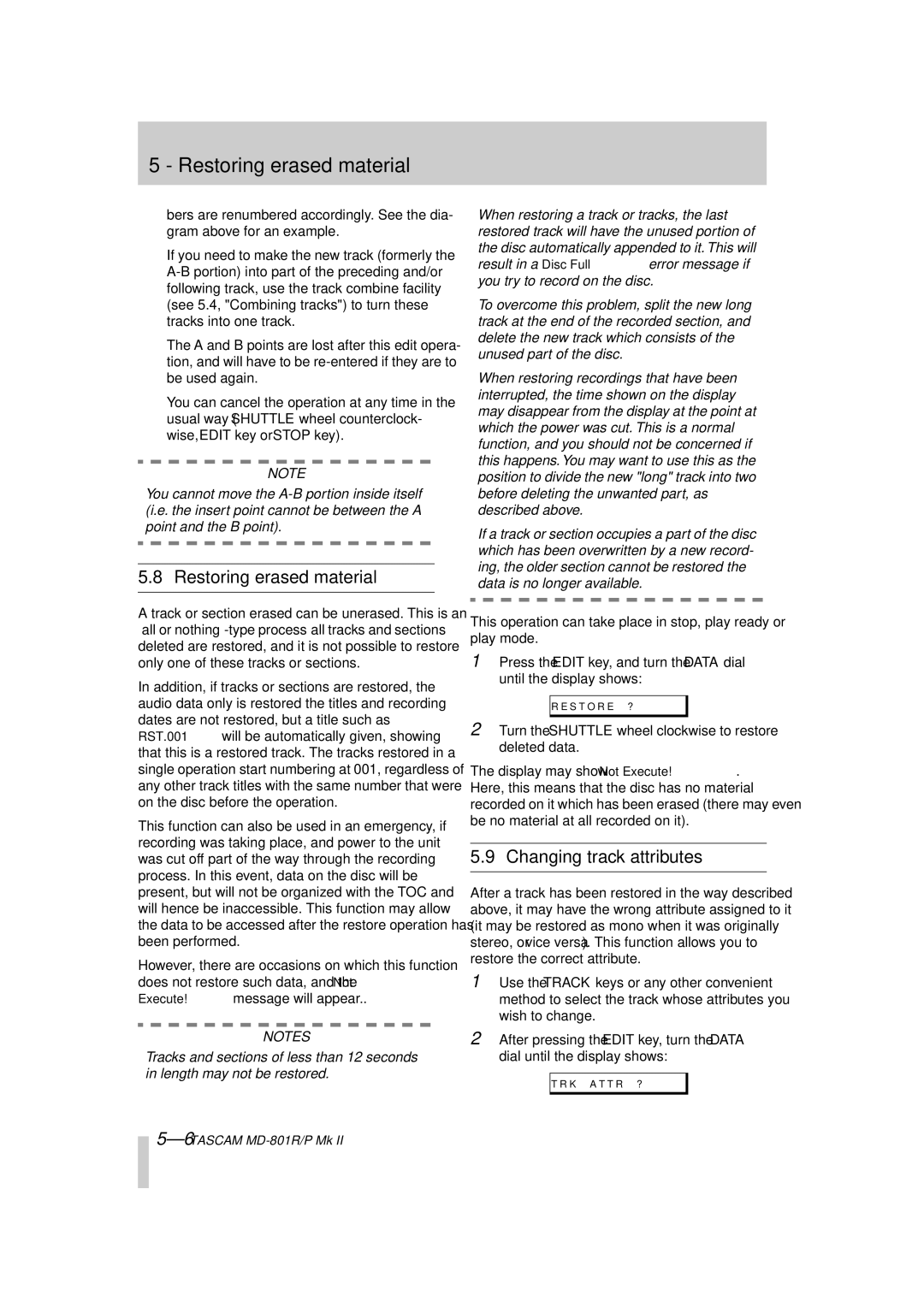 Tascam MD-801RMKII owner manual Restoring erased material, Changing track attributes 