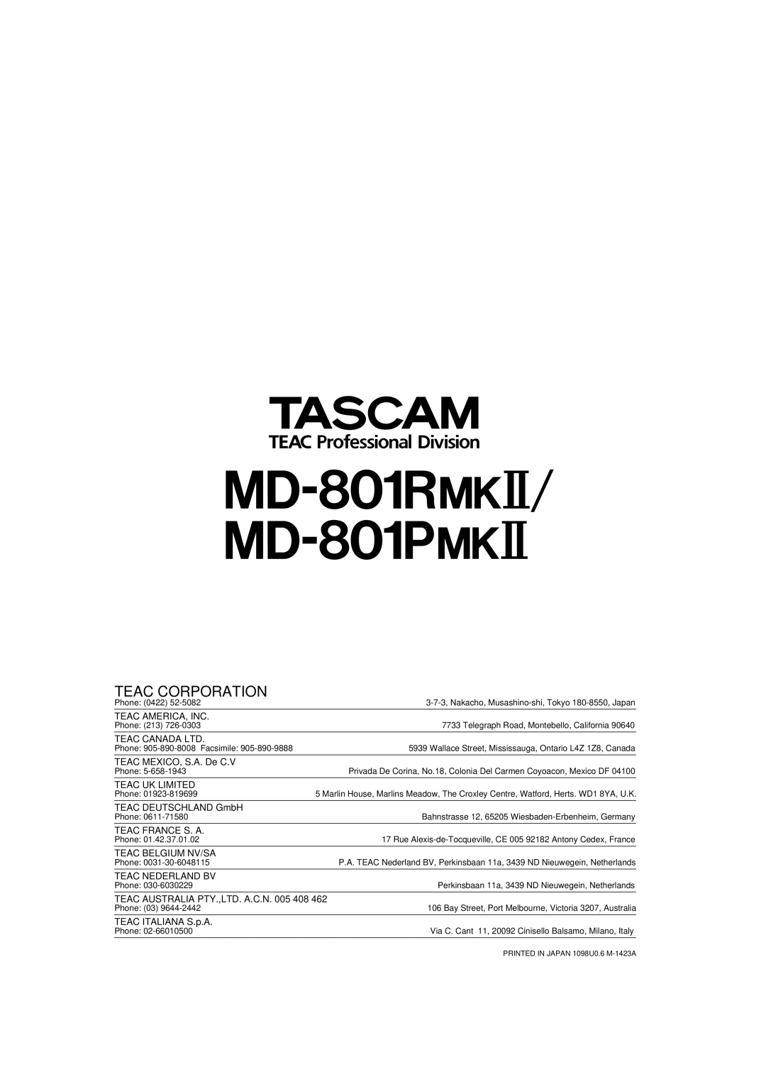 Tascam MD-801RMKII owner manual MD-801R@# MD-801P@# 