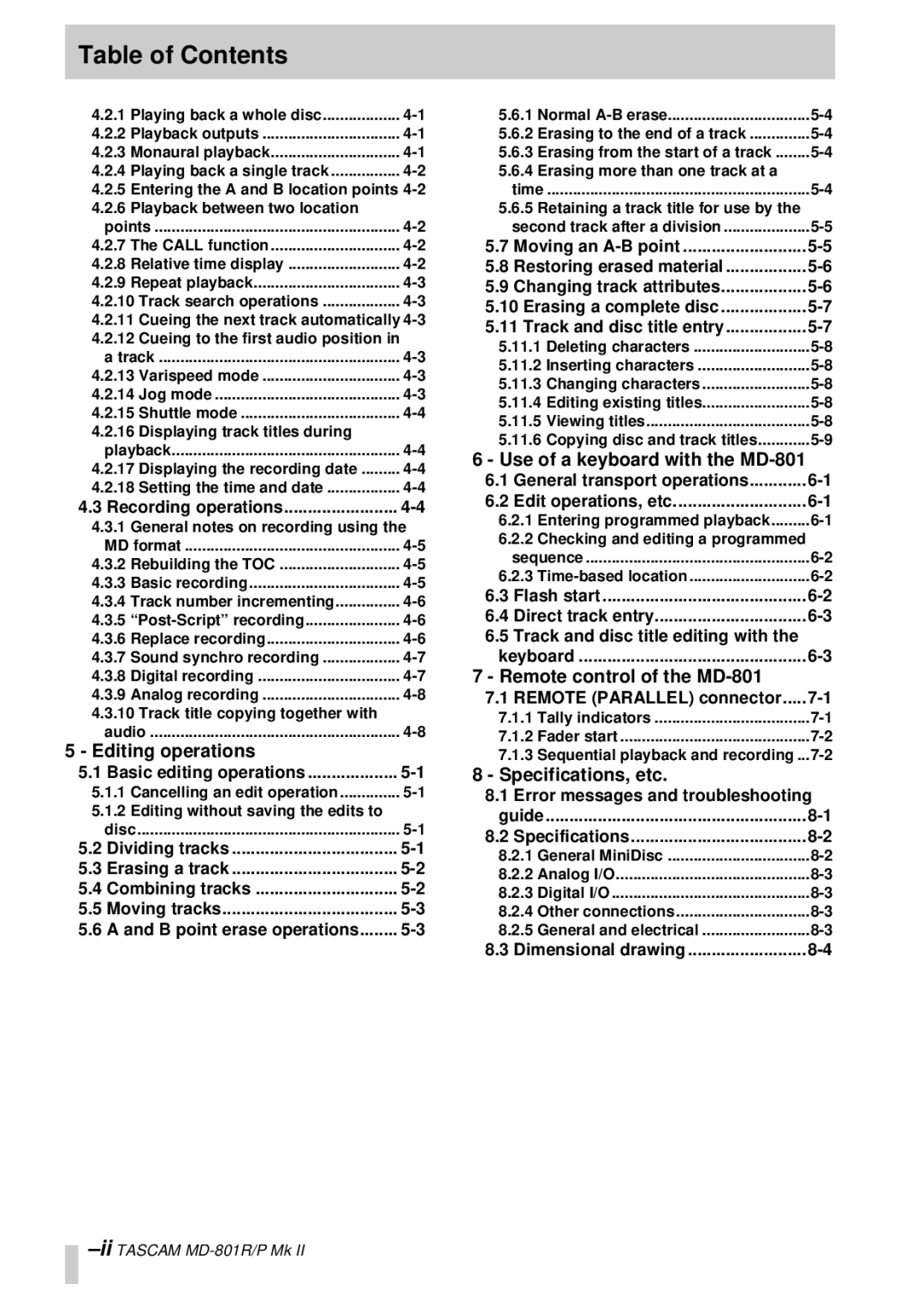 Tascam MD-801RMKII owner manual Editing operations, Use of a keyboard with the MD-801, Remote control of the MD-801 