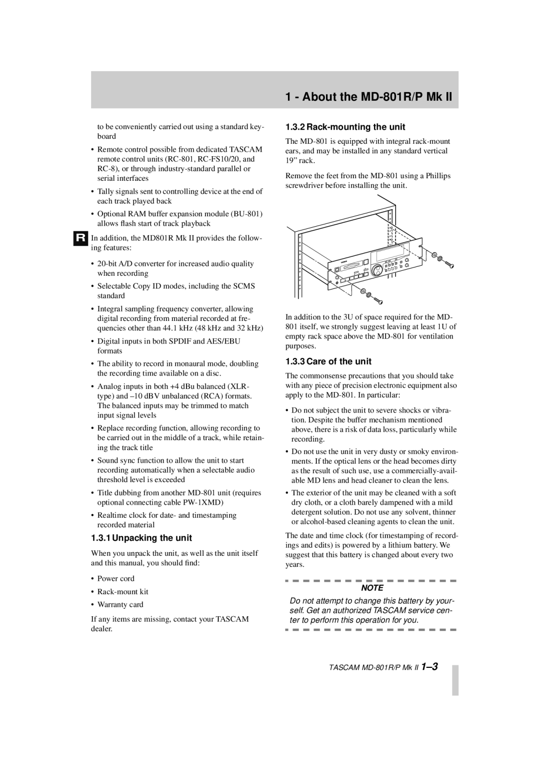 Tascam MD-801RMKII owner manual About the MD-801R/P Mk, Unpacking the unit, Rack-mounting the unit, Care of the unit 