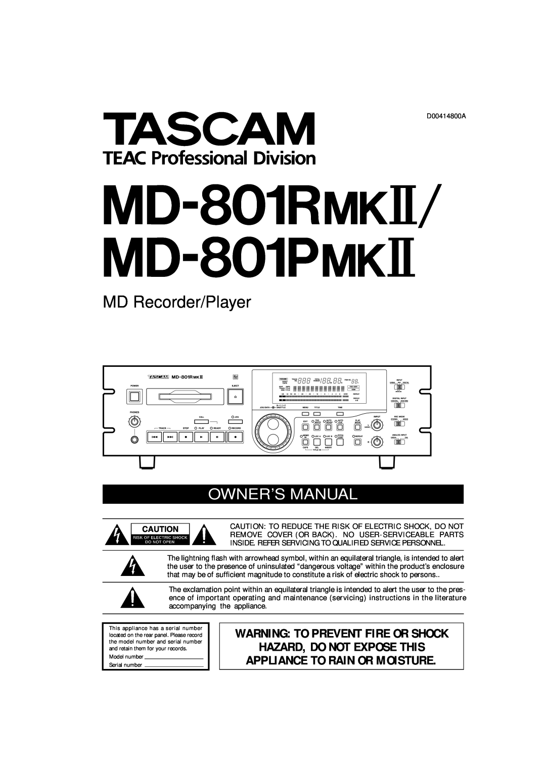 Tascam MD-801RMKII owner manual MD-801R@#/ MD-801P@#, MD Recorder/Player, Hazard, Do Not Expose This 