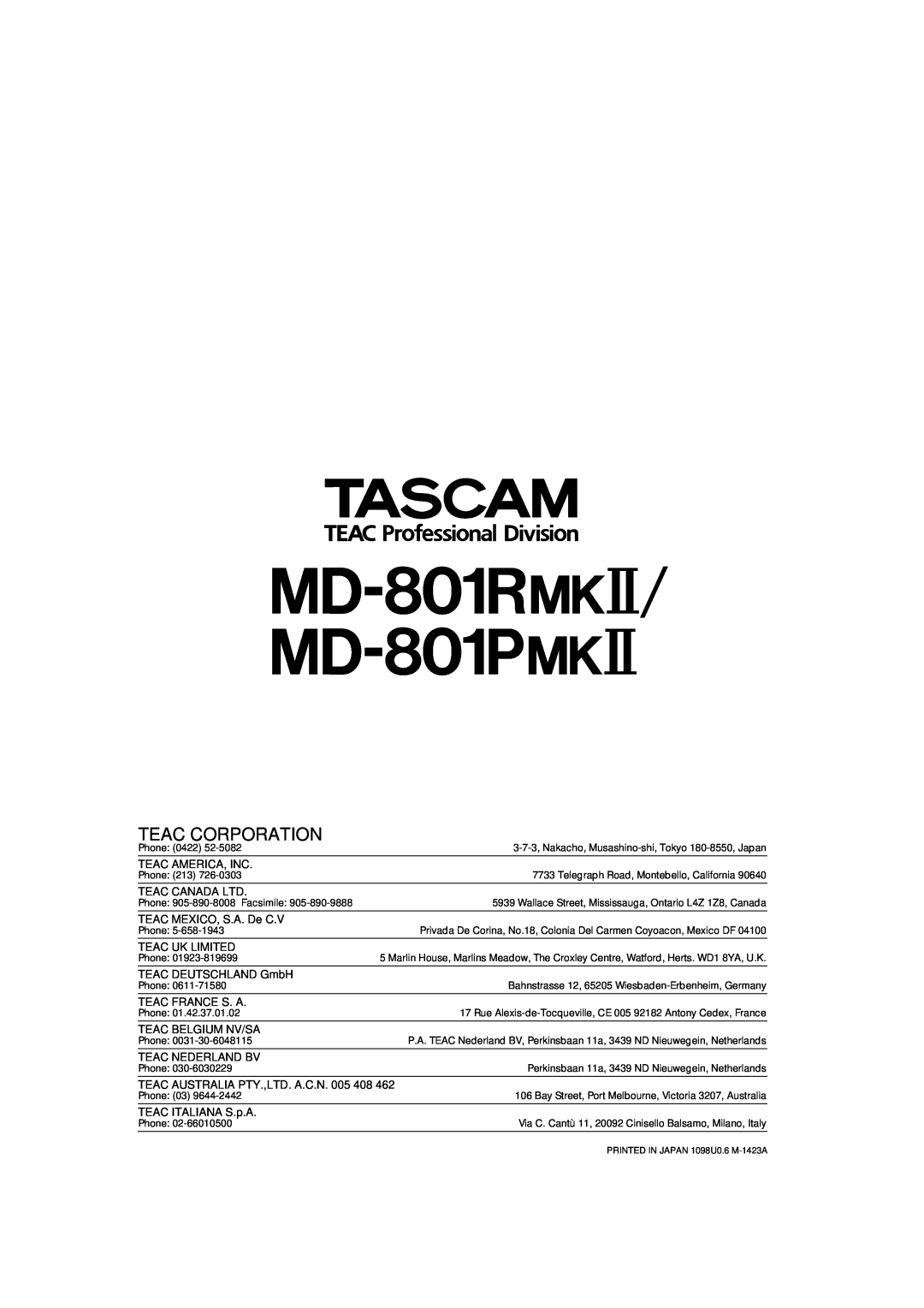 Tascam MD-801RMKII owner manual MD-801R@# MD-801P@#, Teac Corporation 