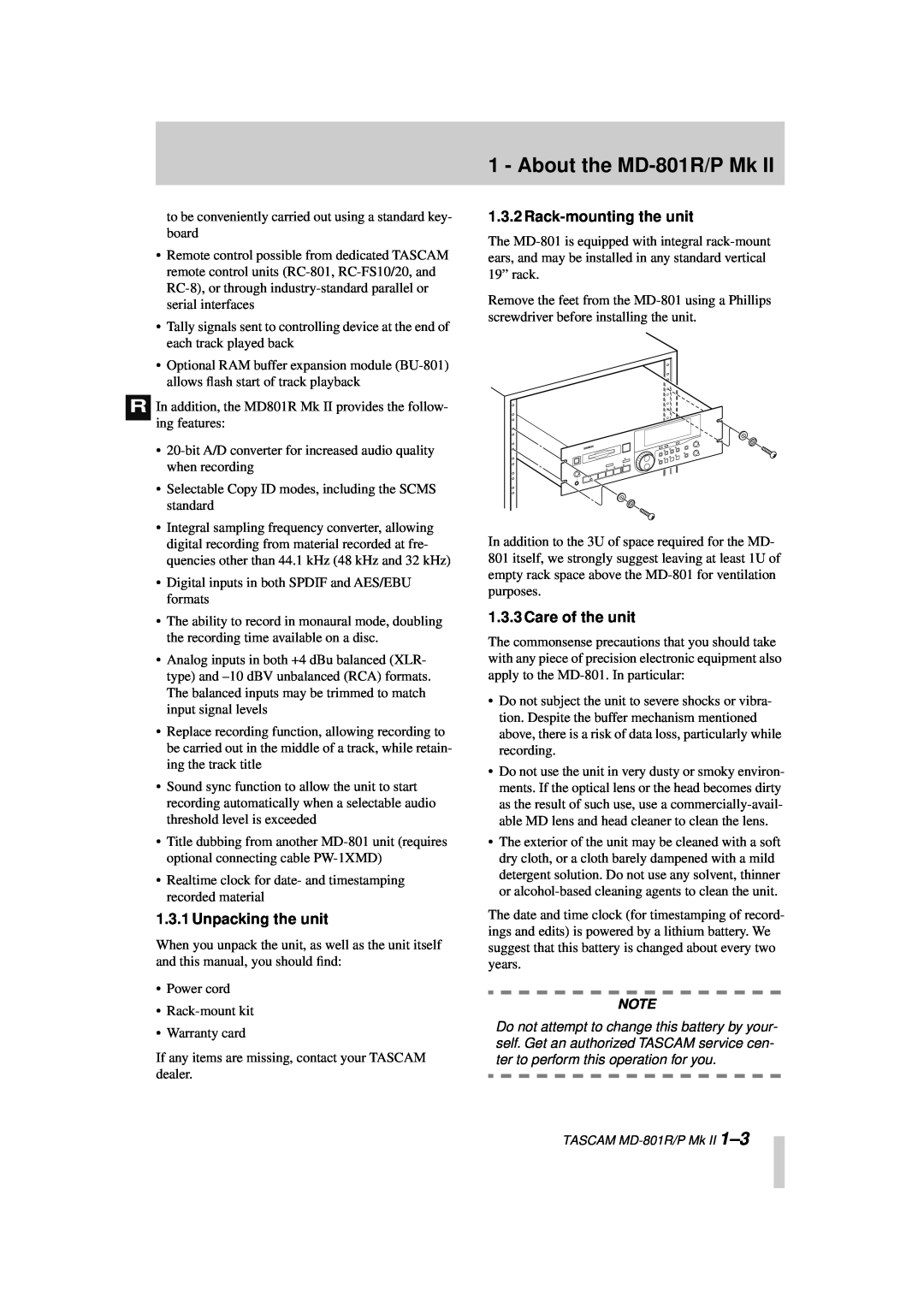 Tascam MD-801RMKII owner manual About the MD-801R/PMk, Unpacking the unit, Rack-mountingthe unit, Care of the unit 