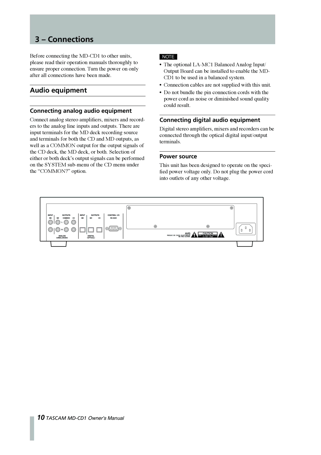 Tascam MD-CD1 Connections, Audio equipment, Connecting analog audio equipment, Connecting digital audio equipment 