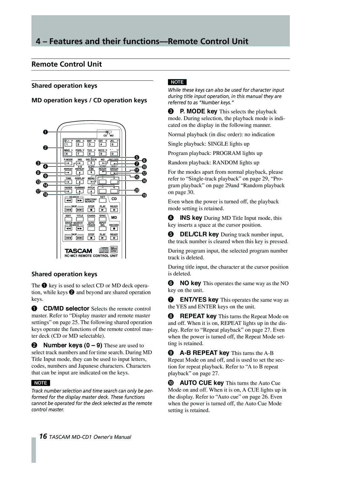 Tascam MD-CD1 owner manual Features and their functions-Remote Control Unit 