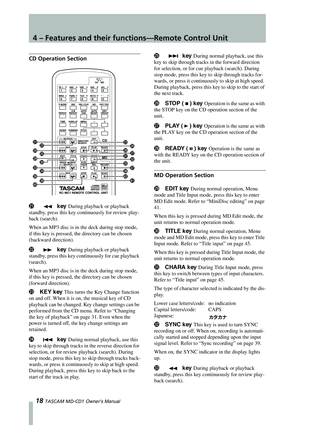 Tascam MD-CD1 owner manual CD Operation Section, MD Operation Section 