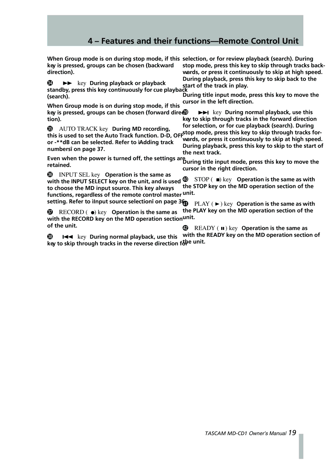 Tascam MD-CD1 owner manual Features and their functions-Remote Control Unit 