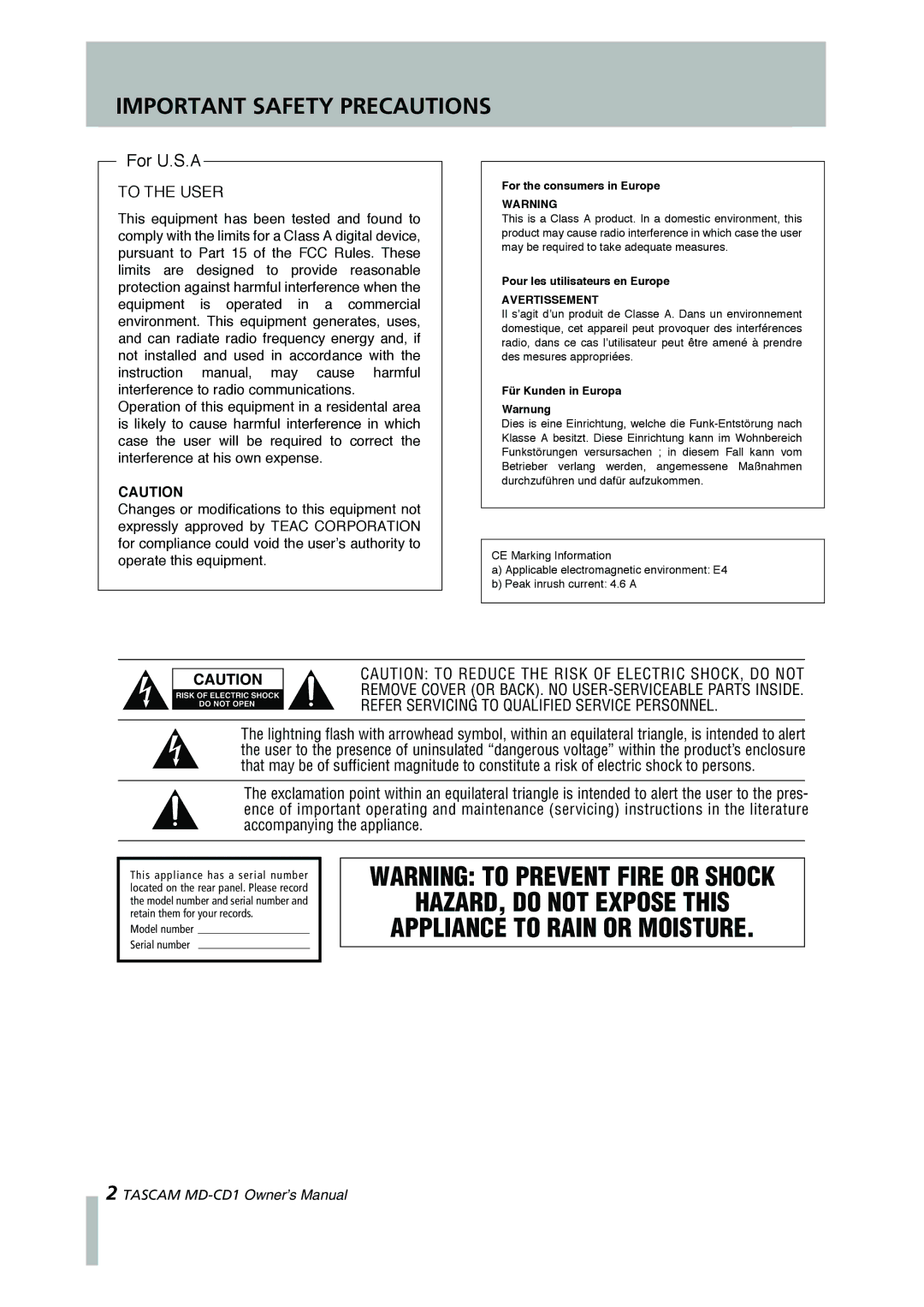 Tascam MD-CD1 owner manual HAZARD, do not Expose this Appliance to Rain or Moisture 