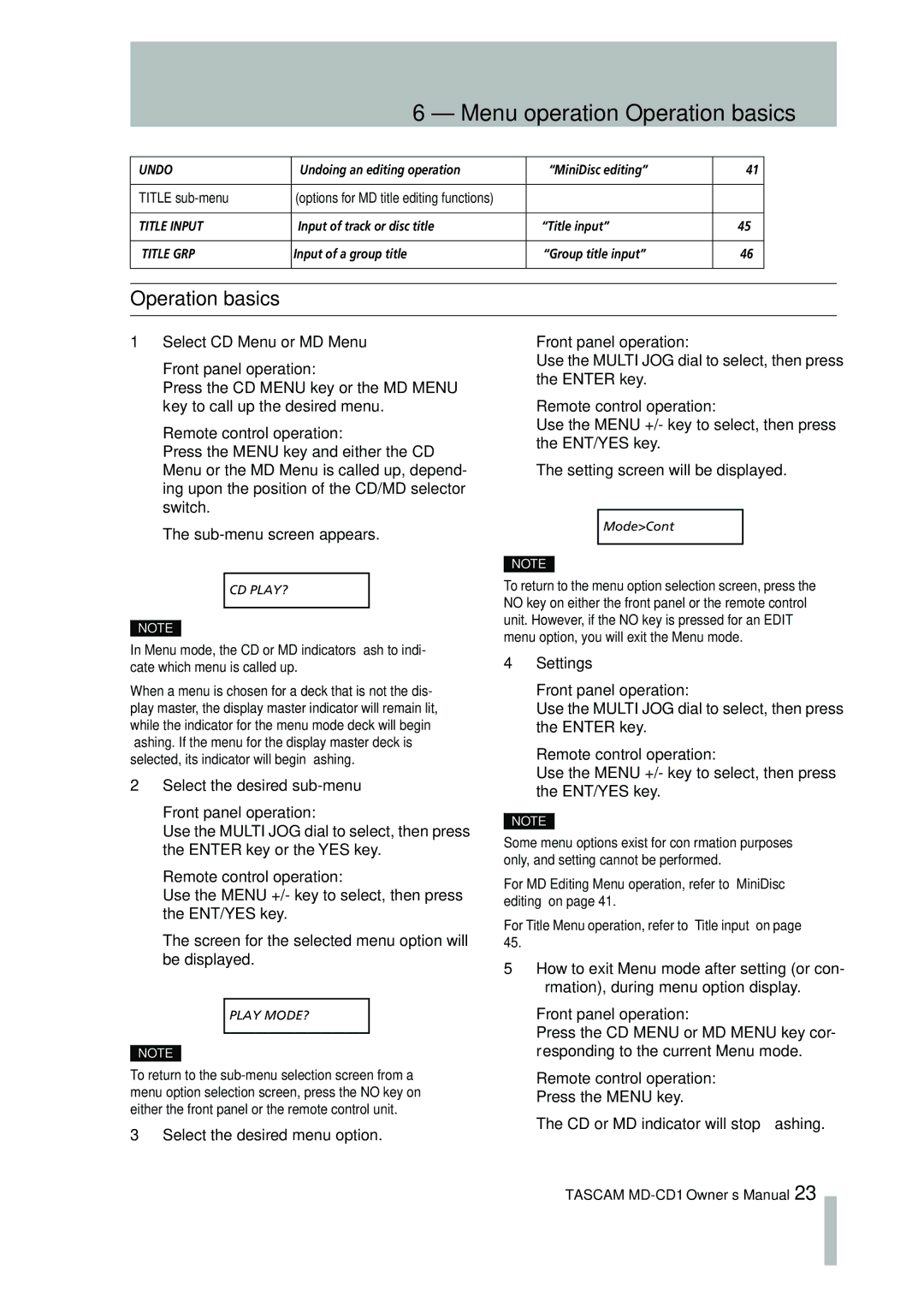 Tascam MD-CD1 owner manual Menu operation-Operation basics, Front panel operation, Remote control operation 