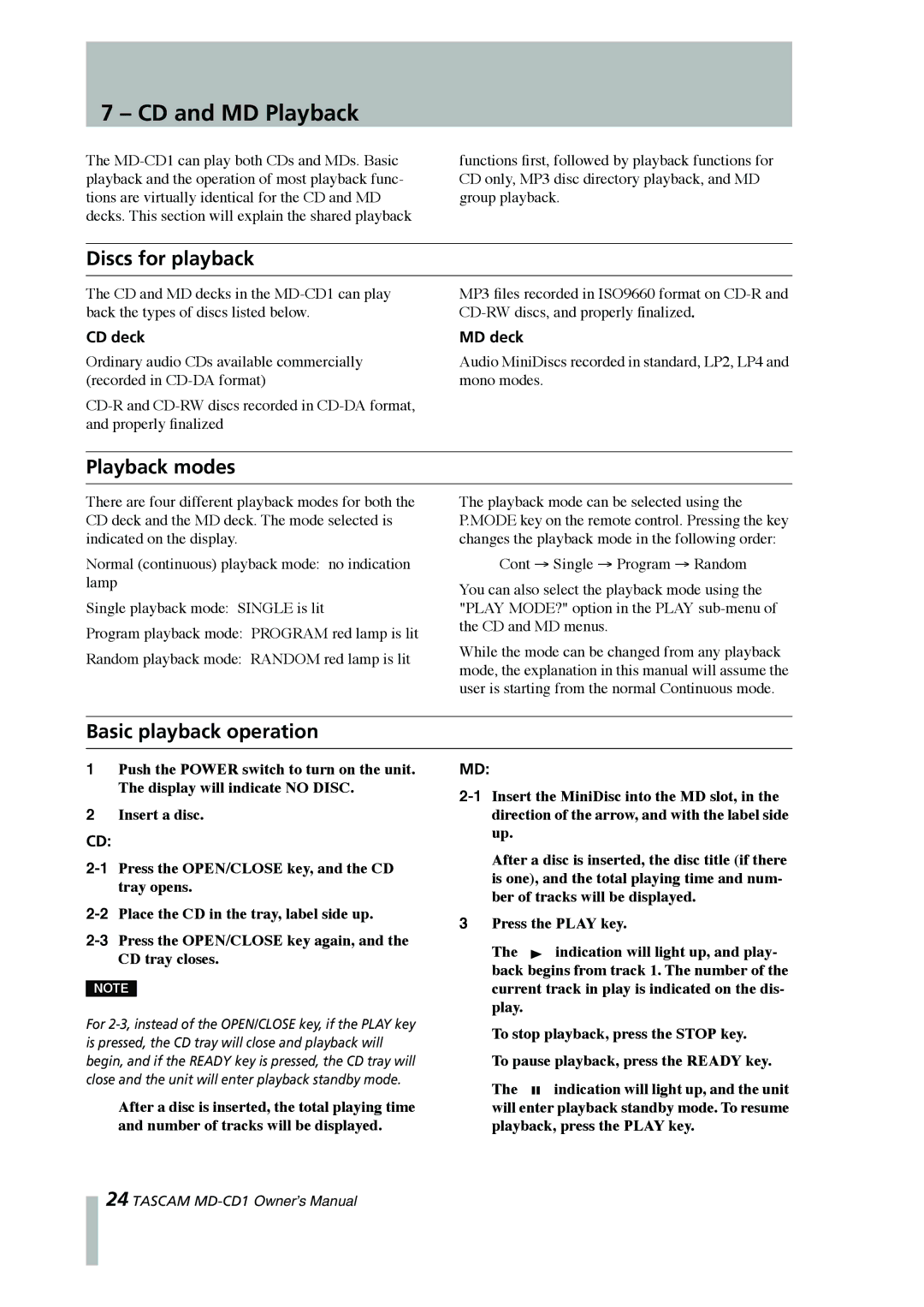 Tascam MD-CD1 owner manual CD and MD Playback, Discs for playback, Playback modes, Basic playback operation 