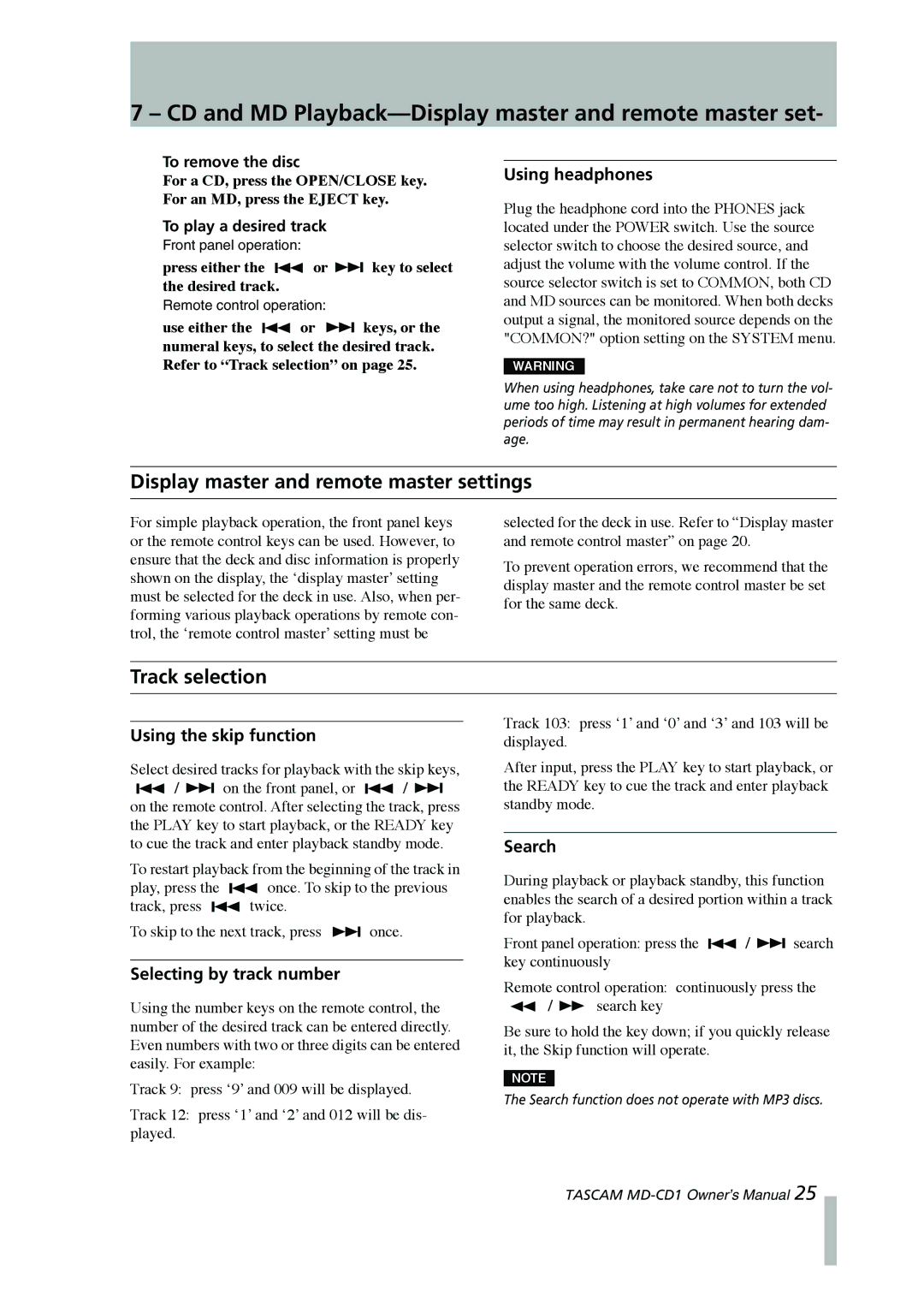 Tascam MD-CD1 CD and MD Playback-Display master and remote master set, Display master and remote master settings 