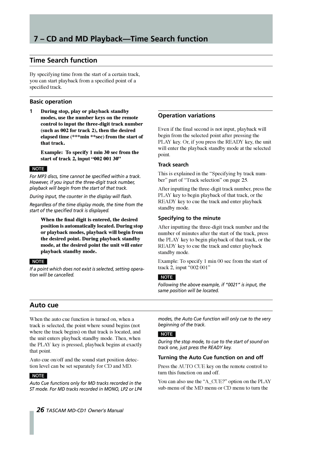 Tascam MD-CD1 owner manual CD and MD Playback-Time Search function, Auto cue, Basic operation, Operation variations 