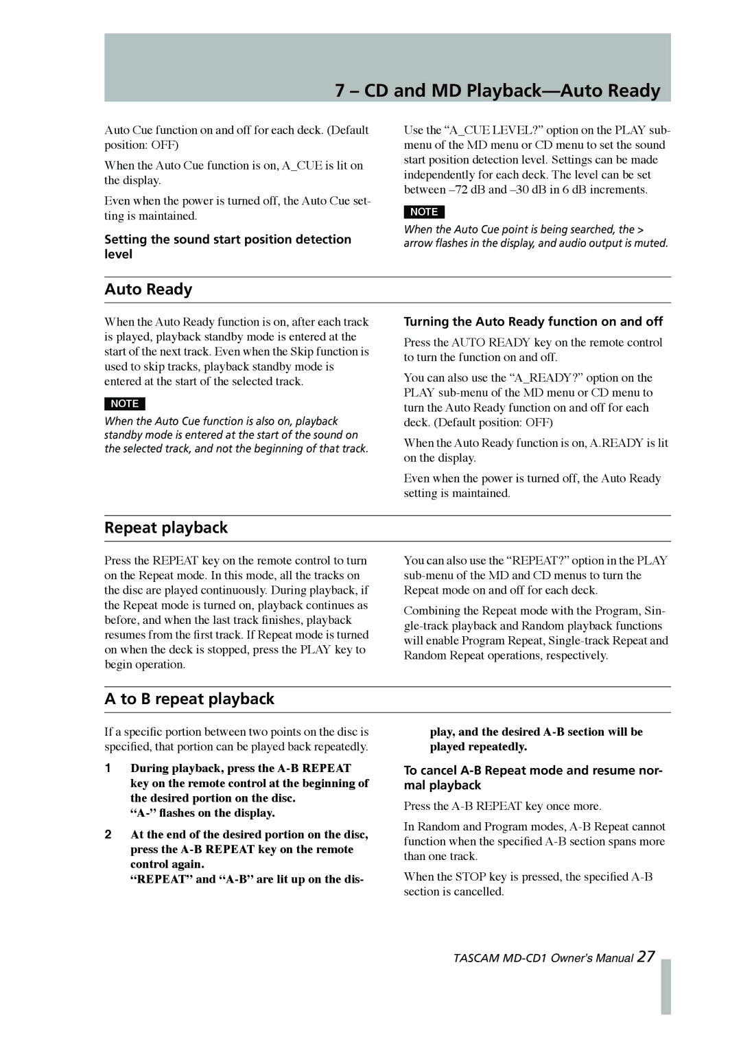 Tascam MD-CD1 owner manual CD and MD Playback-Auto Ready, Repeat playback, To B repeat playback 