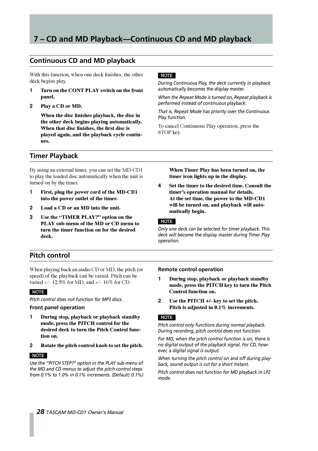 Tascam MD-CD1 owner manual CD and MD Playback-Continuous CD and MD playback, Timer Playback, Pitch control 