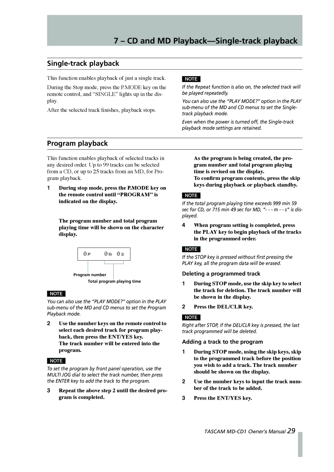 Tascam MD-CD1 owner manual CD and MD Playback-Single-track playback, Program playback, Deleting a programmed track 