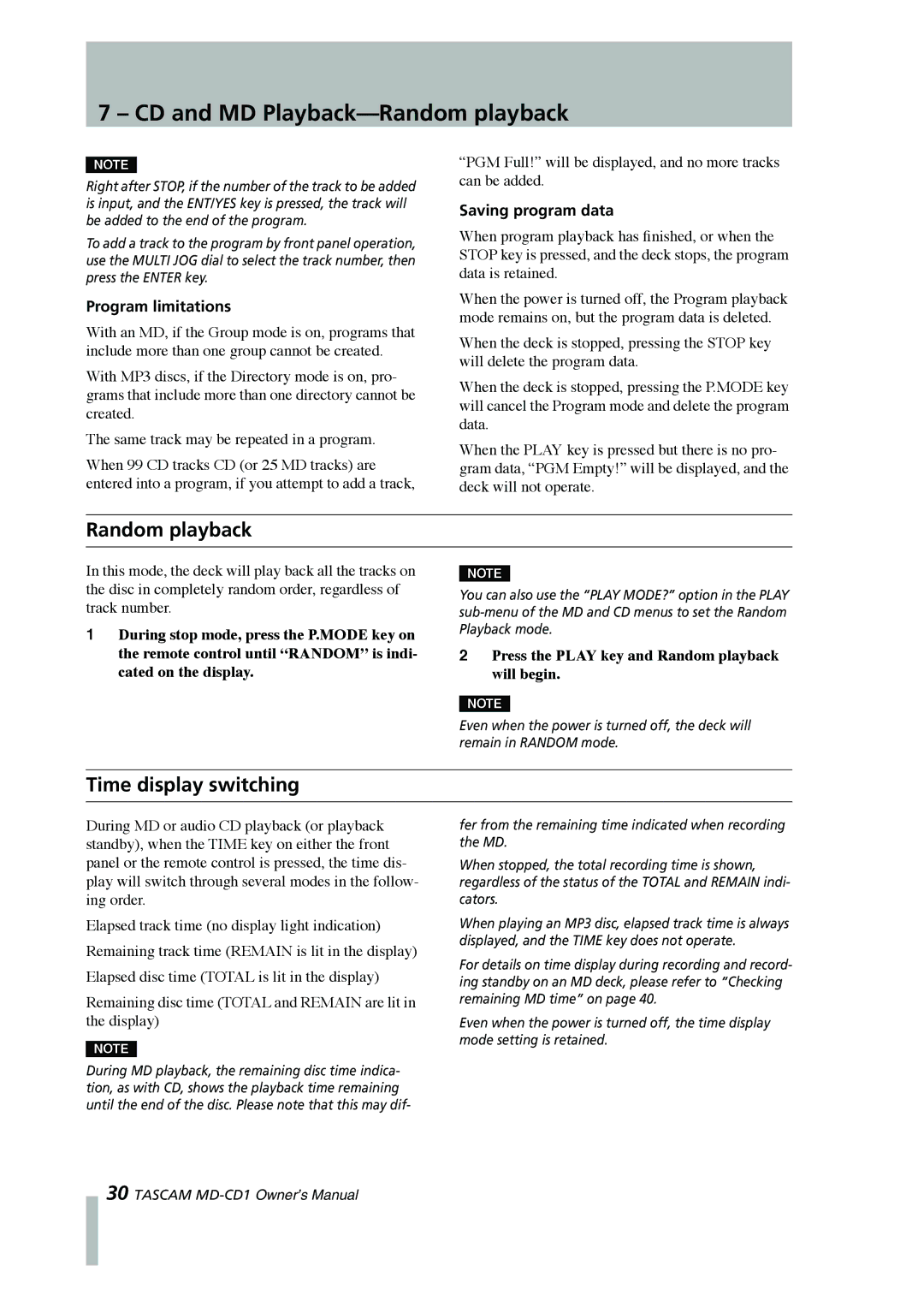 Tascam MD-CD1 CD and MD Playback-Random playback, Time display switching, Saving program data, Program limitations 