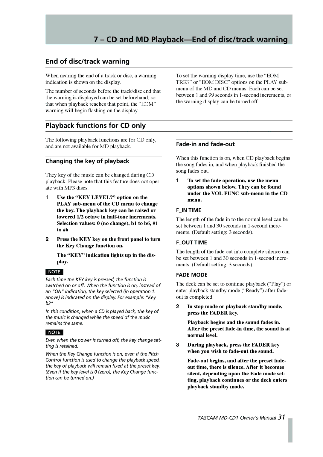 Tascam MD-CD1 CD and MD Playback-End of disc/track warning, Playback functions for CD only, Changing the key of playback 