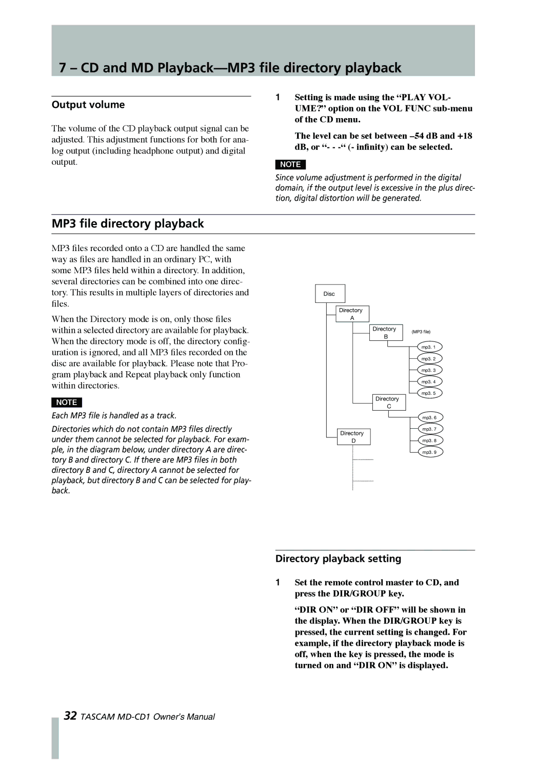 Tascam MD-CD1 owner manual CD and MD Playback-MP3 file directory playback, MP3 ﬁle directory playback, Output volume 